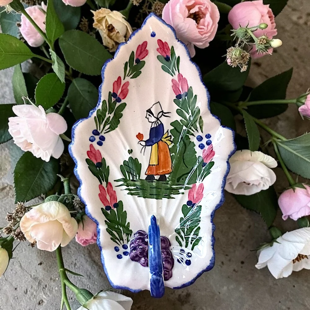 Blue Ridge Pottery Handled‎ Leaf Celery Dish Hand Painted Vintage French Peasant